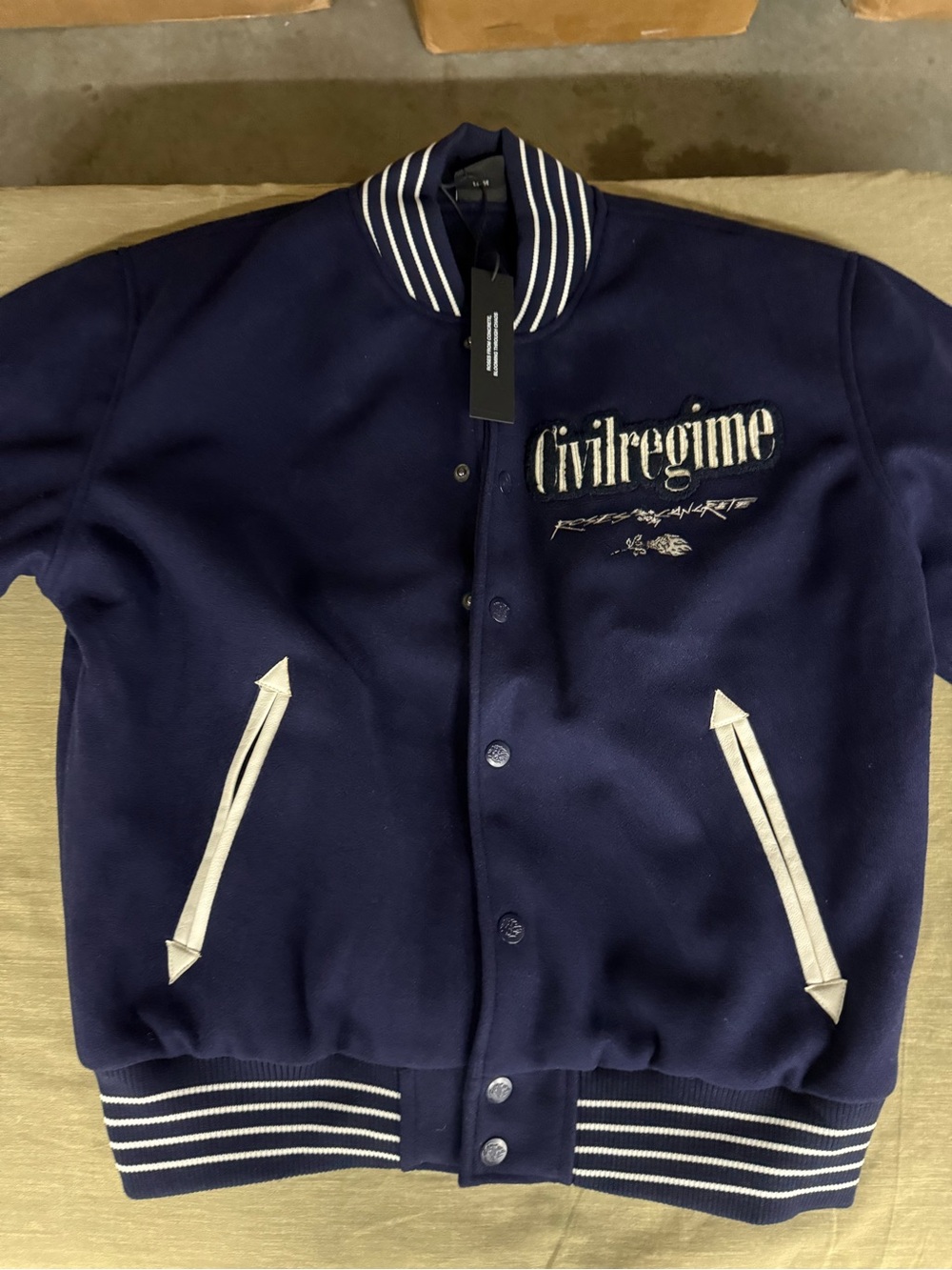 Civil Regime Concrete RoseLetterman Navy Bomber Jacket with White Trim